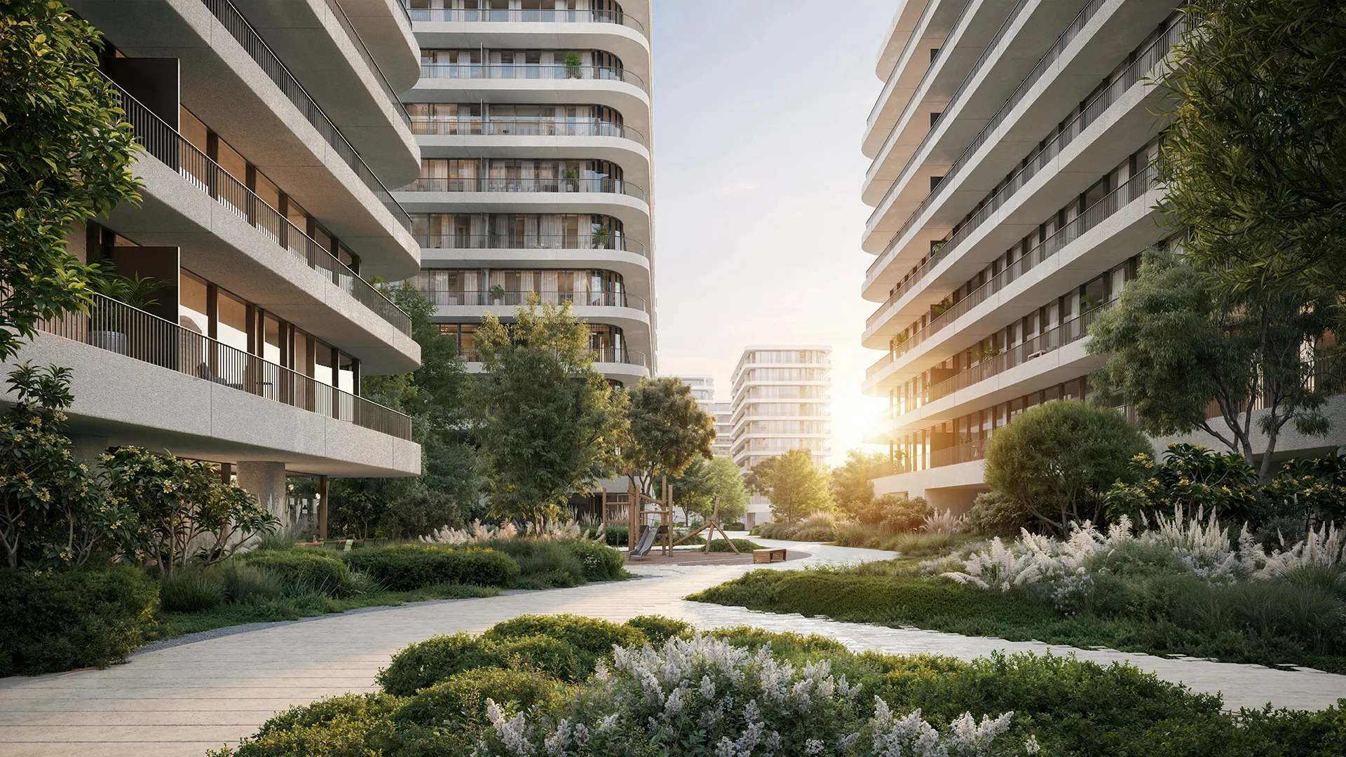 Eden House The Park at Dubai Water Canal – Gallery 01 Eden House The Park landscaped residential community and walkways