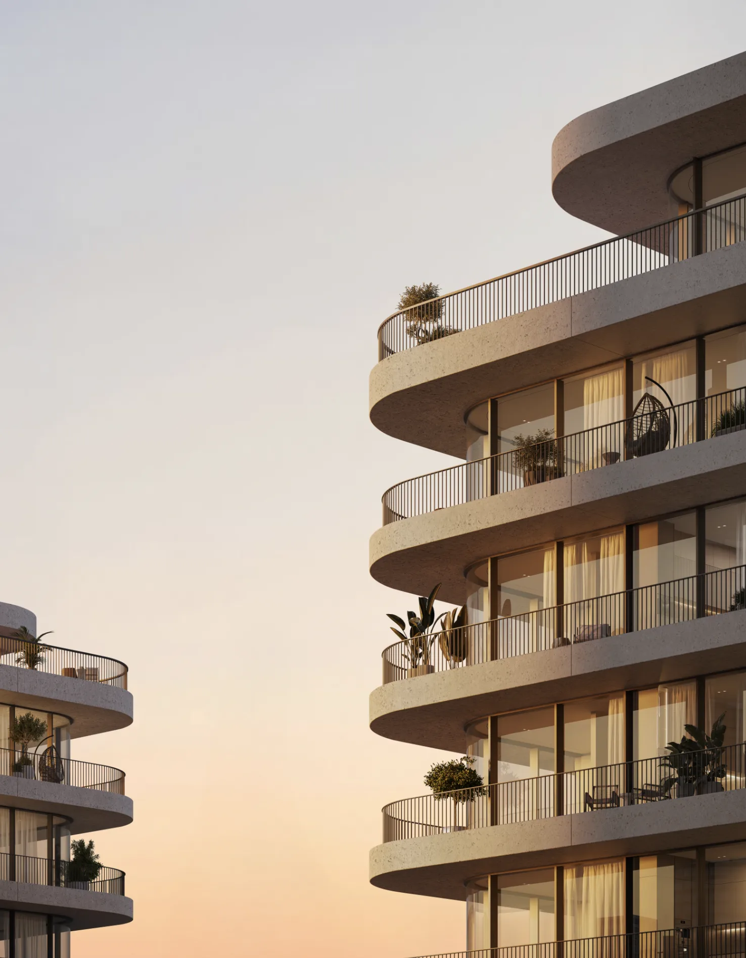 Eden House The Park at Dubai Water Canal – Gallery 02 Eden House The Park curved residential balconies at sunset