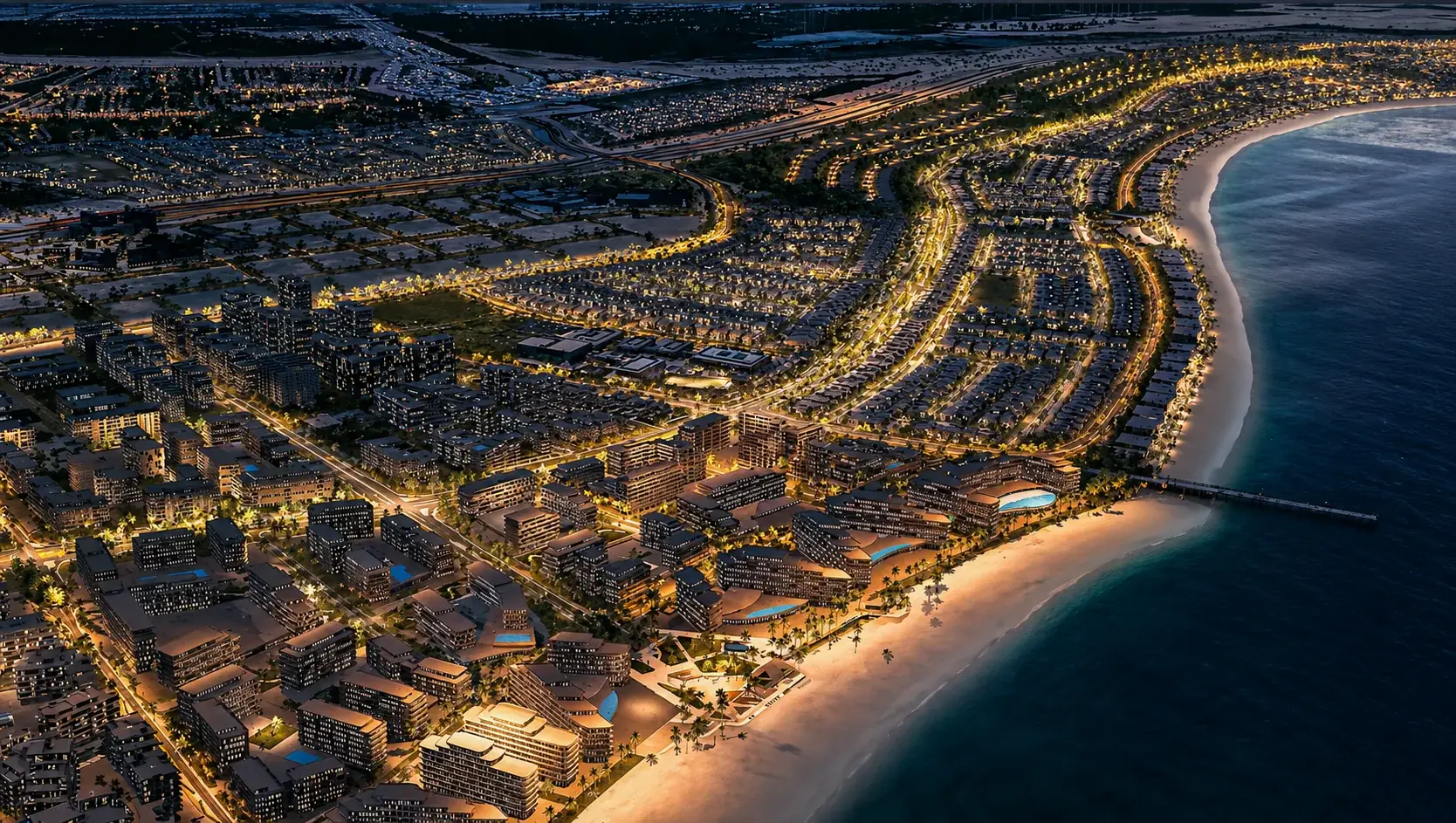 Marsa Al Saadiyat by Aldar evening aerial masterplan on Saadiyat Island Abu Dhabi