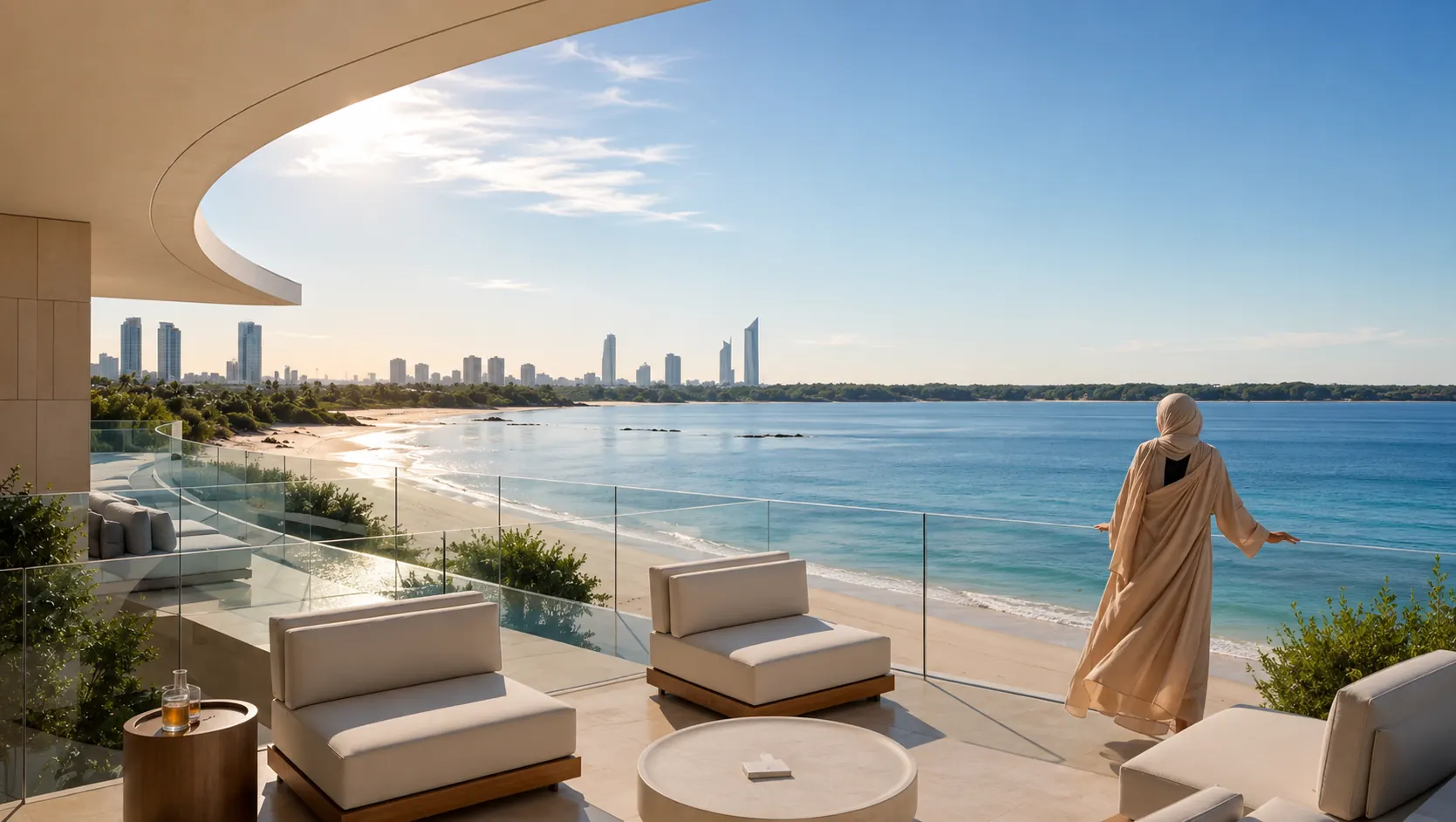 Marsa Al Saadiyat by Aldar villa terrace overlooking the beach and Abu Dhabi skyline