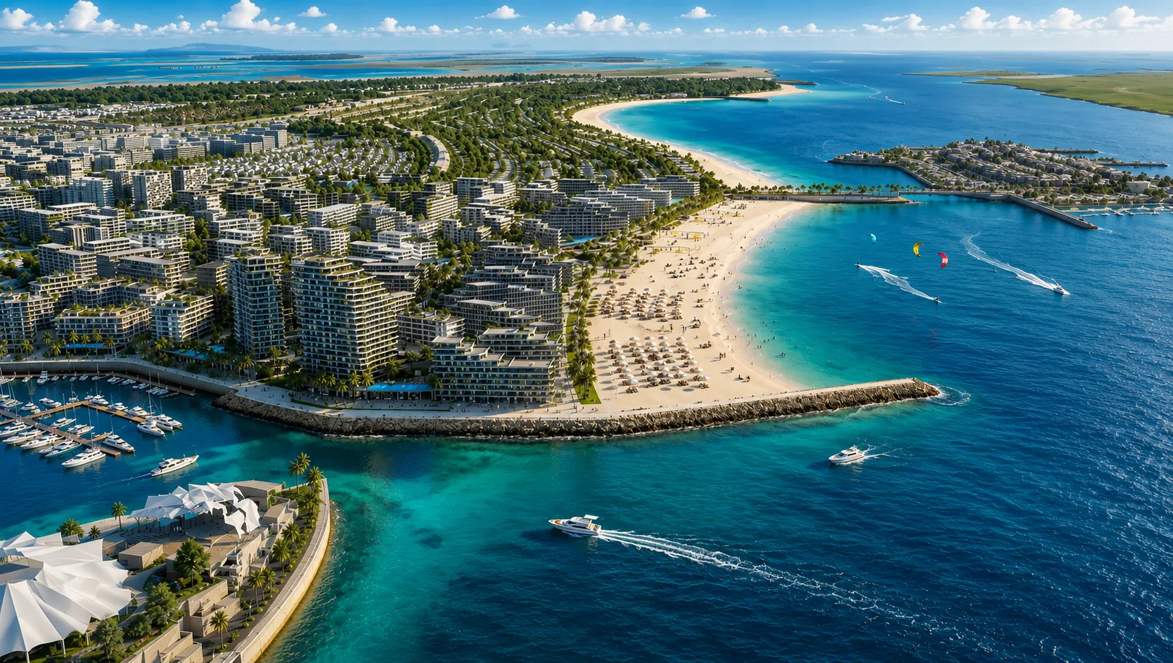 Marsa Al Saadiyat by Aldar waterfront apartments marina and public beach aerial view